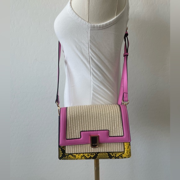 Bags | Aldo Colorblock Crossbody Bag Pink Yellow Snake Print Woven ...